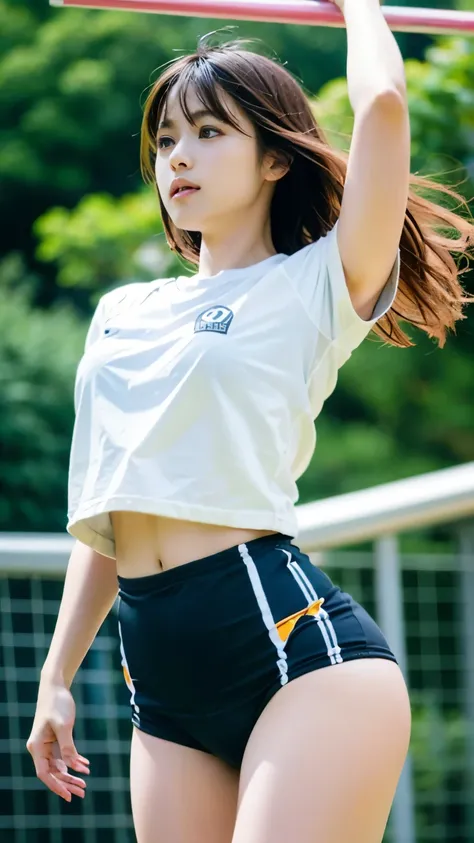 perfect anatomy ,Wearing school-specified white short-sleeved gym clothes, navy blue bloomers, and running shoes, hang from the horizontal bar.,The short bob looks great and captures the essence of her athleticism and energy.,Deep depth of field with Hasse...