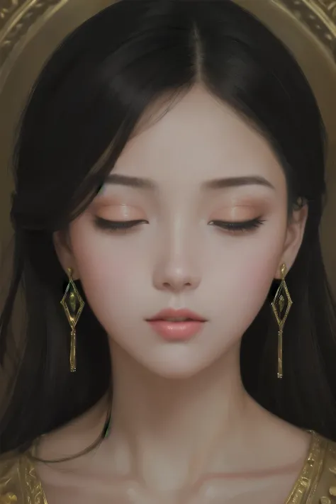 A girl with a fashionable and elegant appearance, wearing golden earrings, with an intense look on her face, illuminated by soft lighting. The painting style should resemble an oil painting with vibrant colors.