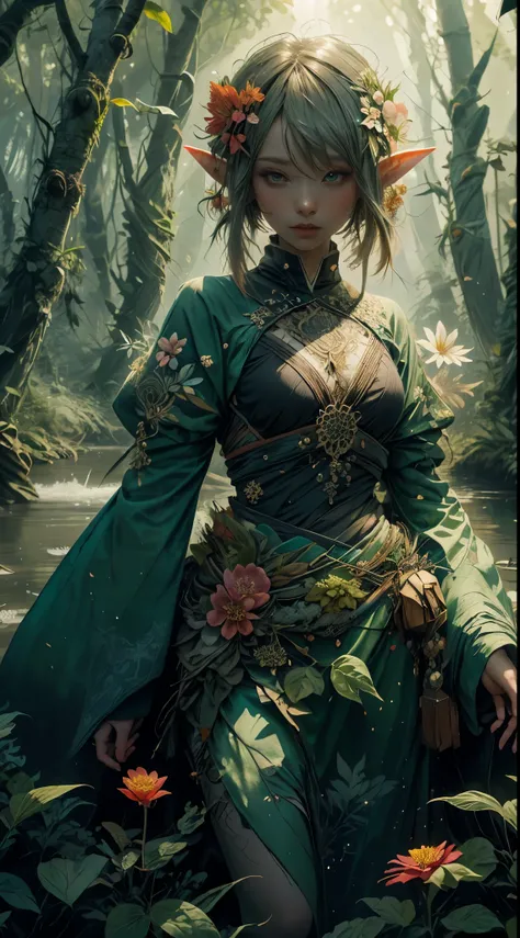 1sexy girl，in the forest，bathing in the river, flowers, Leaves, mandala, fractal, forest elf，divine light，complete female body,Ray tracing，motion blur，smoke effect，morning light，4k，HD，extremely high detail