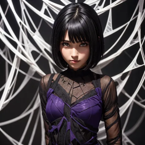 1girl, (black short hair) , purple eyes , very white skin, over spider web, with the darkness