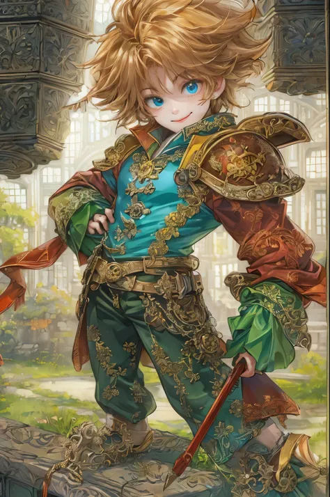 ((absurdres, highres, ultra detailed, perfect face), 1 boy , front view, young boy, handsome boy villain character from legend of mana, short hair, anime eyes, casual clothes with colorful details,  eyes on the viewer, add red details to picture and smirk,...