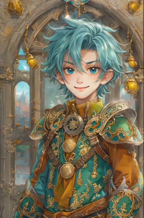 ((absurdres, highres, ultra detailed, perfect face), 1 boy , front view, young boy, handsome boy villain character from legend of mana, short hair, anime eyes, casual clothes with colorful details,  eyes on the viewer, add red details to picture and smirk,...