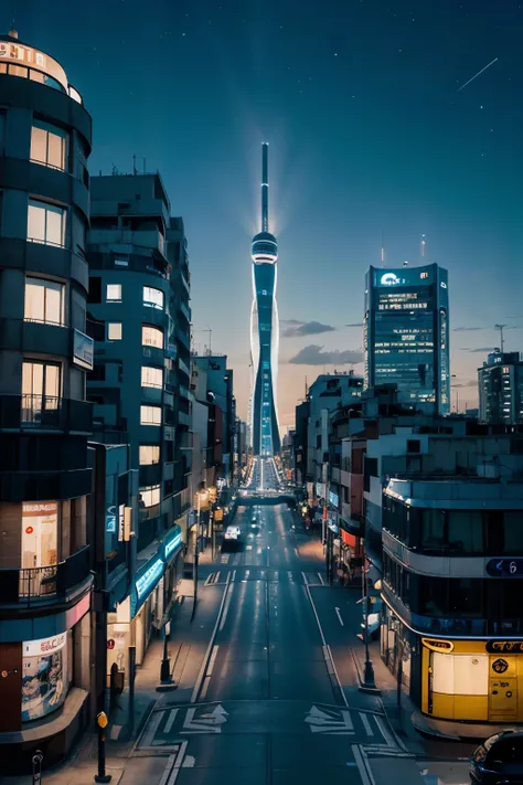 Hombre observa una calle de una ciudad futurista. Se observan buses voladores, aerial stands, destaca en la ciudad una gran torre de color celeste con ventanas luminosas y balcones azules. Es noche y el cielo se muestra estrellado