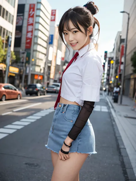 japanese woman　２０age　　perfect beauty　real　ponytail　　C cup　whole body　tall　perfect proportions　highest quality　Tokyo　In town　pose for a photo　smiling