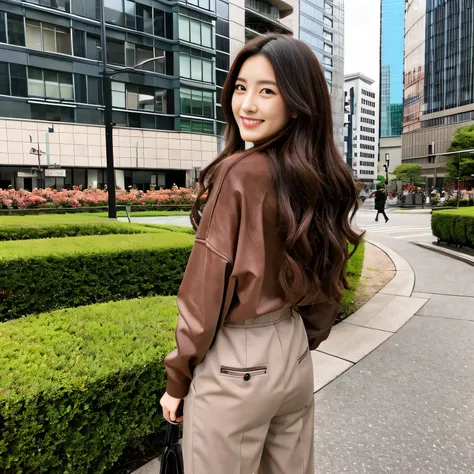 japanese woman　２2 years old　　perfect beauty　real　ponytail　　C cup　whole body　tall　perfect proportions　highest quality　Tokyo　In town　pose for a photo　smiling