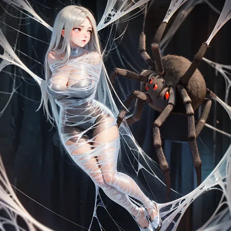 best quality,ultra-detailed,classroom,photorealistic,hanging,spiders in the web,long spider legs,beautiful girl,desperate strugg...