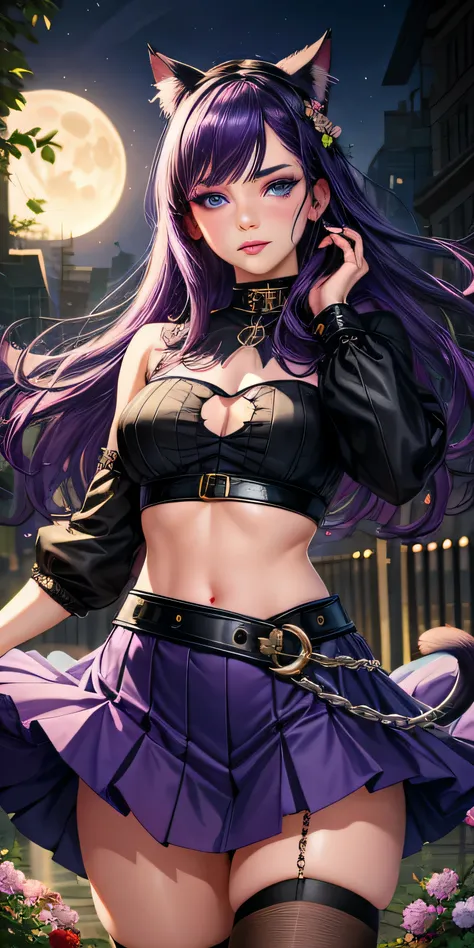 realistic, 1girl, purple hair, blue eyes, black eyeliner, long eyelashes, crop top, skirt, parted lips, blush, night, flowers, moon light, cat ears, black cat, chain on waist, gothic