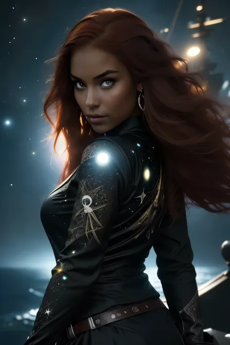 a 20-year-old girl with long red hair, heterochromatic eyes, dark skin, wear a black dress with a crisp galaxy pirate shirt, wit...