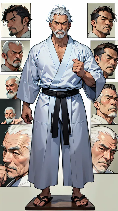 (absurdres, highres, ultra detailed),(absurdres, highres, ultra detailed), 1 male, 56 year old japanese man, small, wrinkles, (old man), (((martial arts elder master))), finely detailed eyes and detailed face, wearing judo robes, japanese wooden sandals, (...