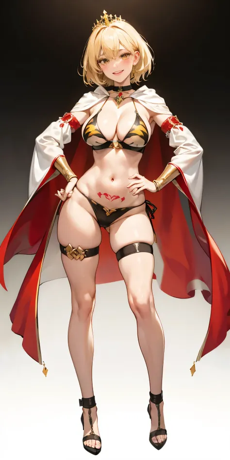 Two long thighs, yellow eyes, blonde hair, short hair, large breasts, detached sleeves, very white background, royal tiara, long cape, yellow tiger bikini, high heels, hands on hips. red tattoo on belly navel, full body female MILF BIMBO, lustful smirking ...