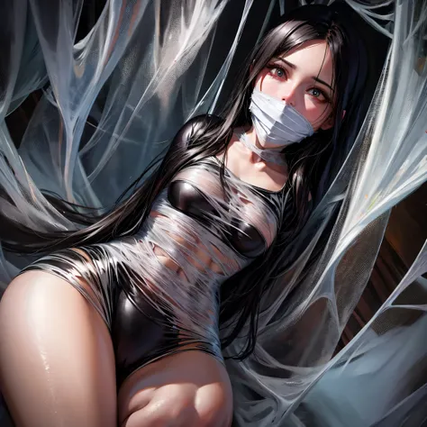 ing from the ceiling, dim lighting, dark atmosphere, oil painting style, vibrant colors, intense emotion. (best quality, highres, ultra-detailed, realistic:1.2), spiderweb, trapped, delicate facial features, fear in her eyes. half body visible,(gagged:1.4)...