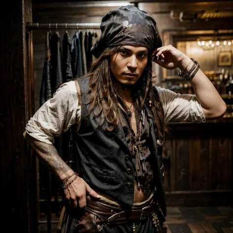 Jack Sparrow with black winter hat covering all head:: shaved face:: wearing Worn vest, shirt, pants, and pirate accessories.