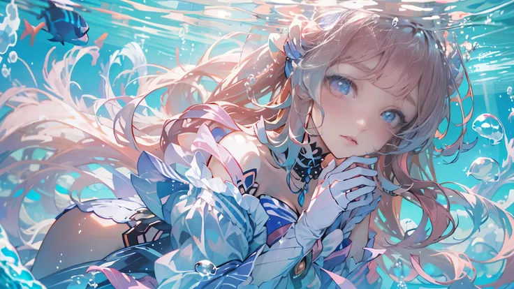 1 girl solo, long pink hair, translucent clothes, Wearing a big blue bow on her chest, Long wide sleeves, bare shoulders, long white socks, Light purple eyes, pastel colors, underwater, bubble, iridescent light rays underwater