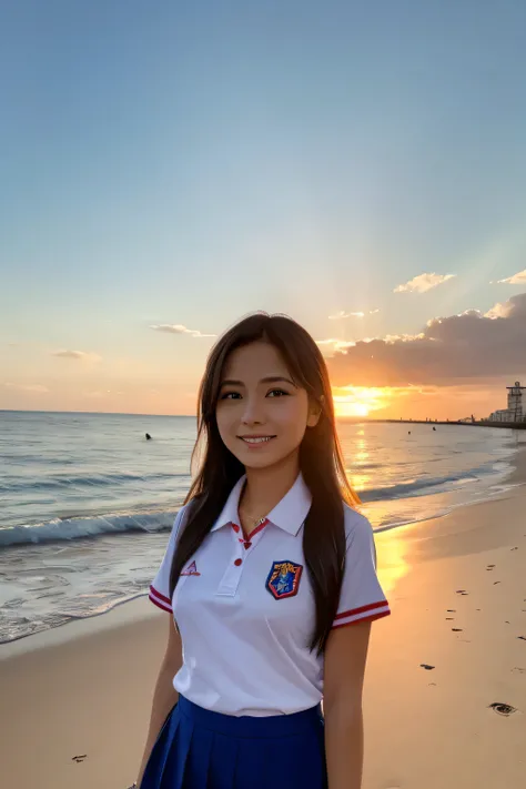 Chica de unos 14 a 15 con uniforme escolar con fondo en la playa de atardecer