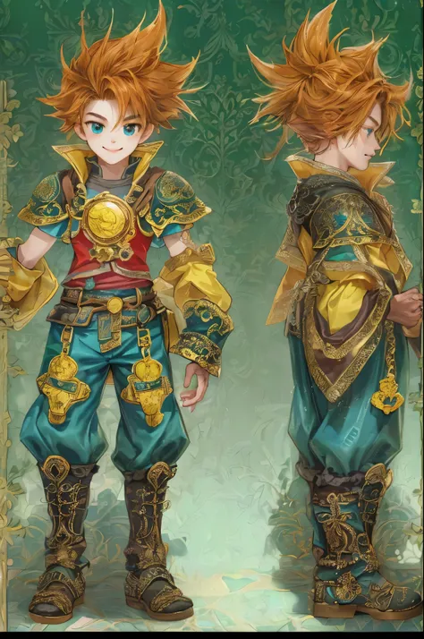 ((absurdres, highres, ultra detailed, perfect face), 1 boy , front view, young boy, handsome boy villain character from legend of mana, short hair, anime eyes, casual clothes with colorful details,  eyes on the viewer, add red details to picture and smirk,...