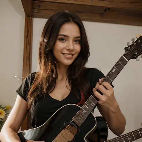 Mulher, jovem, cabelos lisos e vermelhos, olhos negros, sorrindo, tocando guitarra.