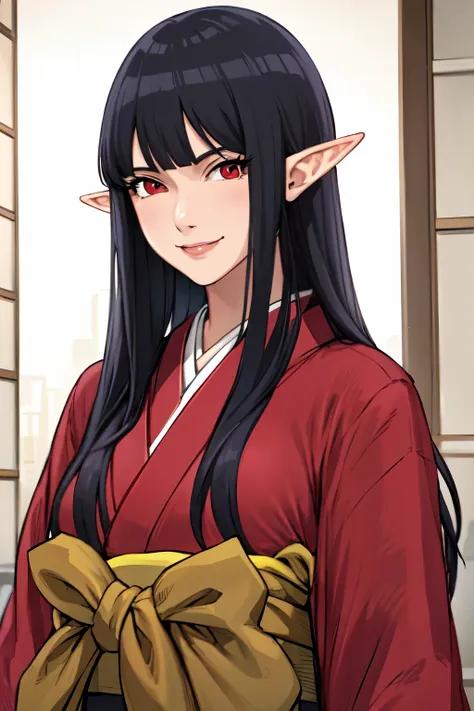 (masterpiece, best quality:1.1),1girl, mature female, elf, bangs, long hair, smile, closed mouth, black hair, red eyes, japanese...