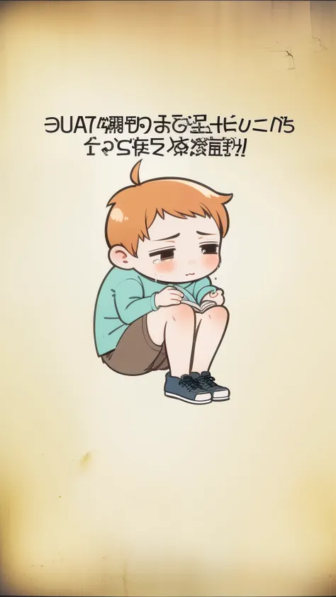 a close up of a cartoon boy sitting on the ground with a book, hugging his knees, he is sad, with a sad expression, crying and puking, sad feeling, sitting on bent knees, is totally sad and cries, very sad, sad mood, cute:2, concept art of single boy, very...