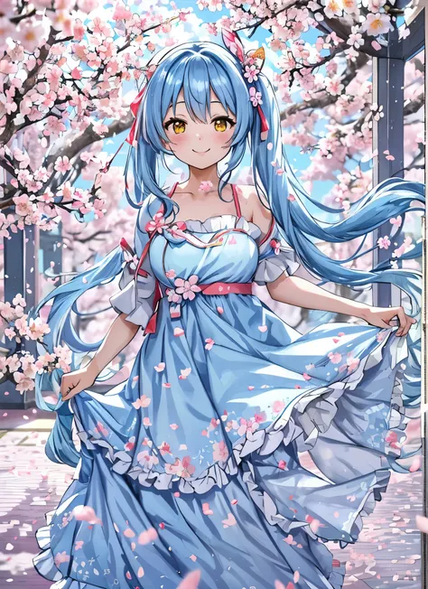 light blue long hair　Beautiful girl with twin tails　adorable smile　Blue cherry blossom pattern dress　Yellow rape blossoms and cherry blossoms are in full bloom　Cherry blossom petals are dancing　petal splash art　blue sky