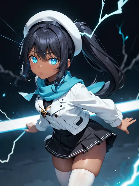 black hair, cyan eyes, ponytail, long hair, short, black shirt, black skirt, white jacket, white stockings, tomboy, outside, night, small breast, bangs, dark skin, cool, blue scarf, beret, lightning, electric, electricity, blue particles, blue aura, specia...