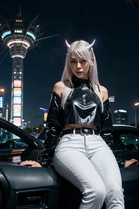 draw a hyper realistic, grunge female, confidence, white hair, silver star belt, white grunge shirt, skinny jeans, white holographic horns, runway model, futuristic grunge model, designer grunge clothes, sexy, hyper realistic, cute, Japanese, ultra sexy, b...