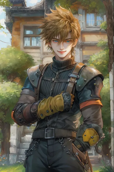 ((absurdres, highres, ultra detailed, perfect face), 1 boy , front view, young boy, handsome boy villain character from Final Fantasy VII, short hair, anime eyes, casual clothes with colorful details,  eyes on the viewer, add red details to picture and smi...