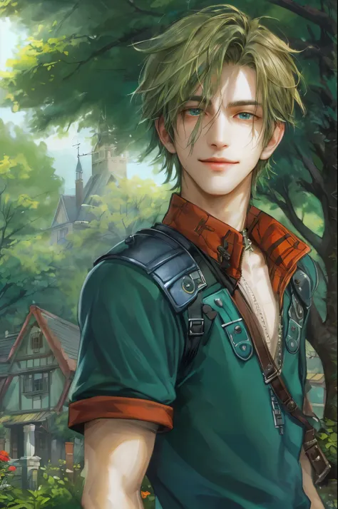 ((absurdres, highres, ultra detailed, perfect face), 1 boy , front view, young boy, handsome boy villain character from Final Fantasy VII, short hair, anime eyes, casual clothes with colorful details,  eyes on the viewer, add red details to picture and smi...