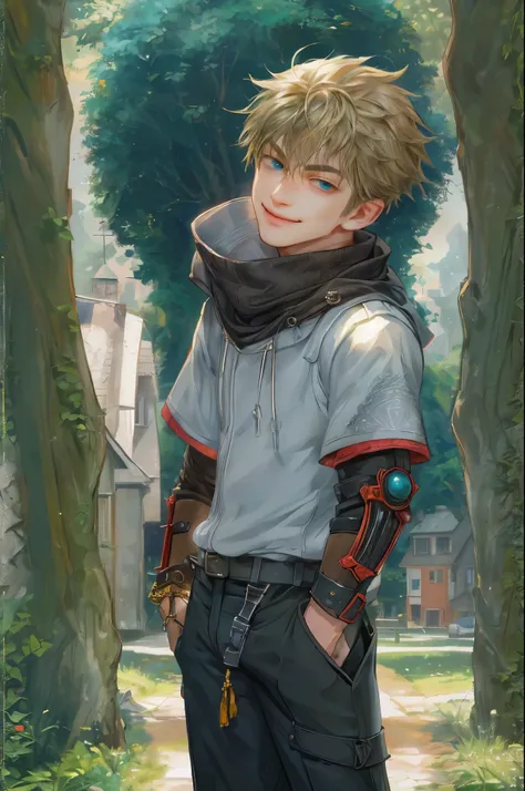 ((absurdres, highres, ultra detailed, perfect face), 1 boy , front view, young boy, handsome boy villain character from Final Fantasy VII, short hair, anime eyes, casual clothes with colorful details,  eyes on the viewer, add red details to picture and smi...