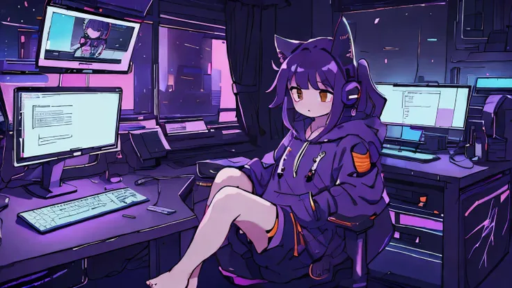 table top、highest quality、purple hair、messy hairstyle、１girl、cat ear、wearing headphones、orange eyes、long hoodie、sport shorts、bare...