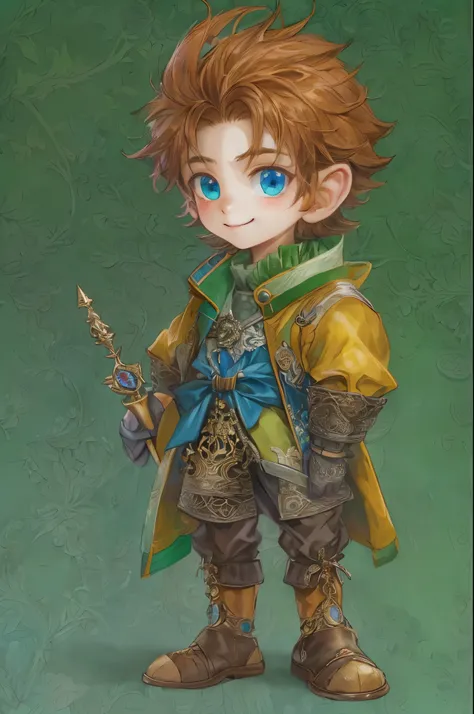 ((absurdres, highres, ultra detailed, perfect face), 1 boy , front view, young boy, handsome boy villain character from legend of mana, short hair, anime eyes, casual clothes with colorful details,  eyes on the viewer, add red details to picture and smirk,...