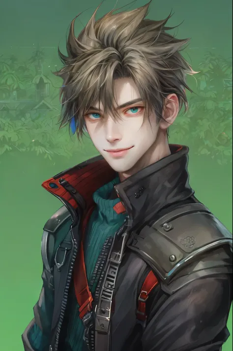 ((absurdres, highres, ultra detailed, perfect face), 1 male , front view, teen boy, handsome boy villain character from Final Fantasy VII, short hair, anime eyes, casual clothes with colorful details,  eyes on the viewer, add red details to picture and smi...