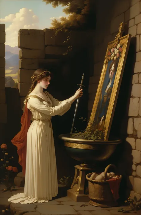 (((Pre Raphaelie Painting))) White-robed Celtic druid harvests herbs with golden sickle at the edge of a sacred well, samambaias, cabelos brancos, medic, curandeiro, arafed painting of a woman kneeling down with a sword, edmund blair leighton, by Edmund Le...