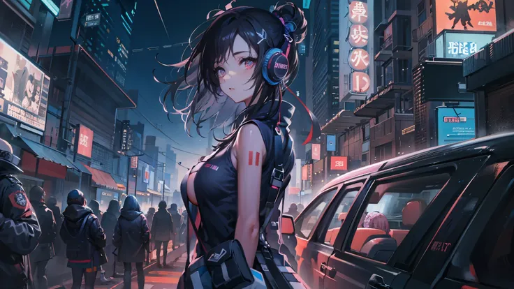 masterpiece,Anime-style illustration showing a young woman in her 20s wearing a futuristic plunging costume, facing right, Standing in the middle of the street in a cyberpunk nightlife district. she has long pinkish black hair、Wearing pink glowing headphon...