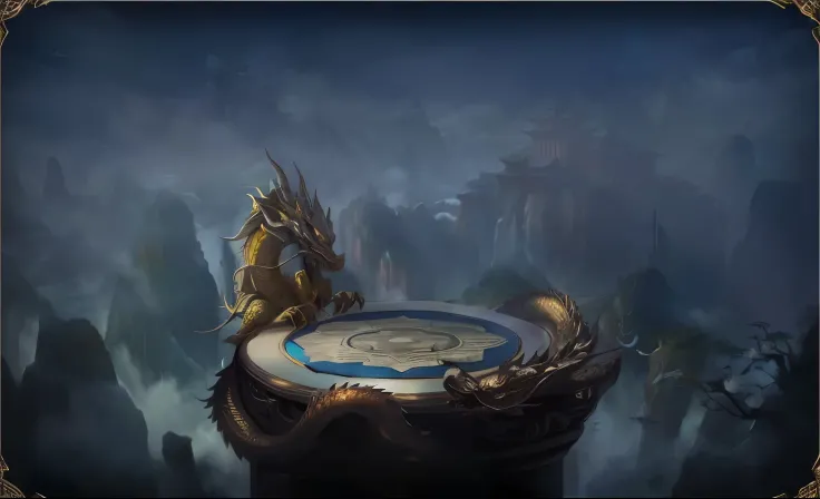 there is a dragon on a round plate in the middle of a mountain, chinese dragon concept art, inspired by Li Kan, colossal dragon in background, colossal dragon as background, loong, inspired by Huang Ding, chinese fantasy, inspired by Huang Shen, by Yang J,...