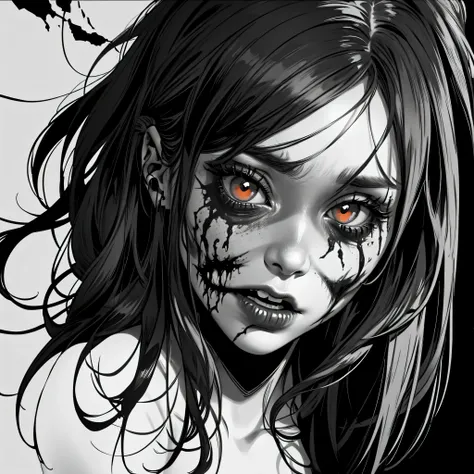 close up of a zombie female, long hair, line art, no background, horror movie inspired, black and white