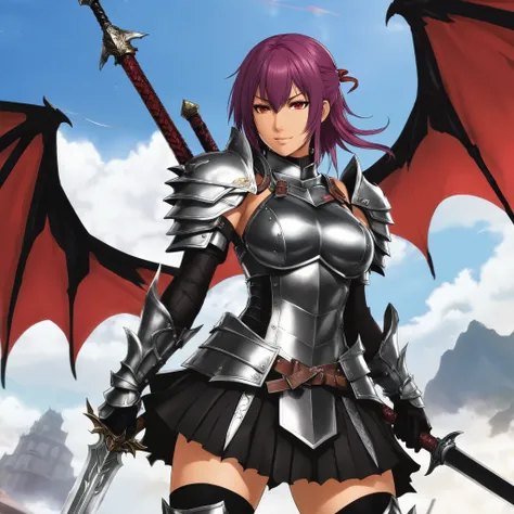 1girl, absurdres, armor, black_thighhighs, breastplate, dragon, draph, dual_wielding, forte_(shingeki_no_bahamut), gauntlets, highres, holding, horns, lance, long_hair, miniskirt, navel, pauldrons, photoshop_(medium), polearm, purple_hair, red_eyes, riding...