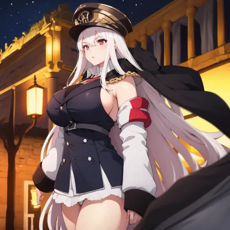 A woman with silver hair, pink eyes, wearing a black and gold military uniform, big breast, outside a German castle at night
