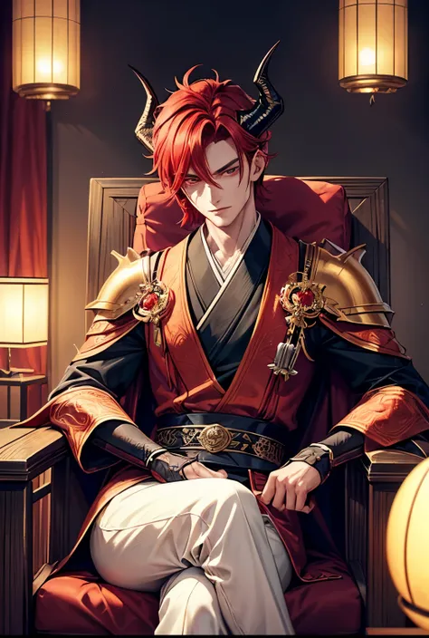 a man sitting in a chair with a dragon on his shoulder,red hair, Maccarone eyes, horns, handsome guy in demon slayer art, beautiful androgynous prince, human and dragon fusion, handsome japanese demon boy, delicate androgynous prince, two big dragon in bac...