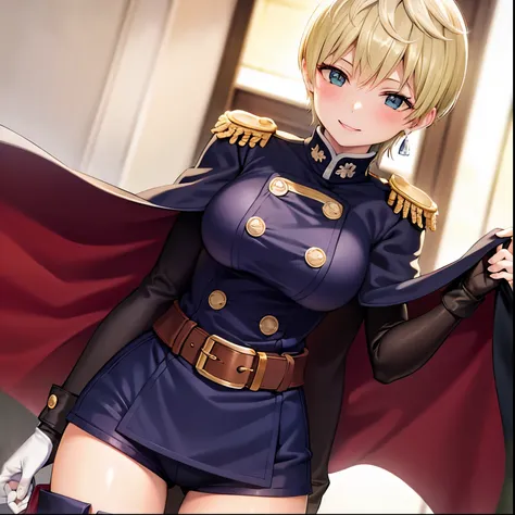 1girl,alone,tenka izumo,masterpiece, best quality, absurdres, perfect antomy, standing cowboy shot, Izumo Tenka,short hair, smile, blush, medium breasts, belt, black shorts, buttons, cape, earrings, epaulettes, gloves, military, military uniform, thigh boo...