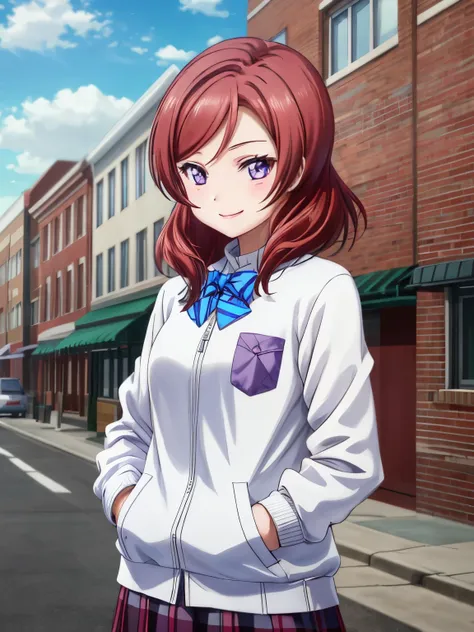 masterpiece, highest quality, high resolution, maki nishikino、white sweater, purpleのjacket,closed mouth, long sleeve, black bow,...