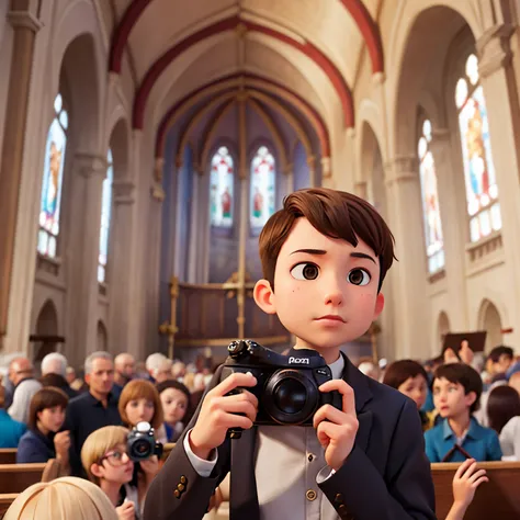 A short-haired man in a crowded church with a camera 