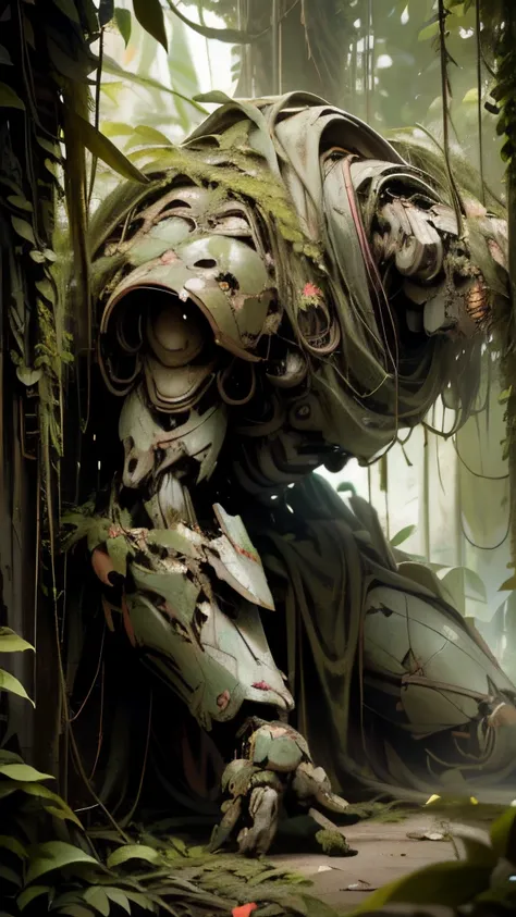 Masterpiece, (damaged Gundam robot:1), fallen, heart of dense jungle, once gleaming metallic surface, now disguised by vines, greenery, ultra high-resolution, RAW photo, every intricate detail, scratches on armor, weathered expressions, full body sight, pl...