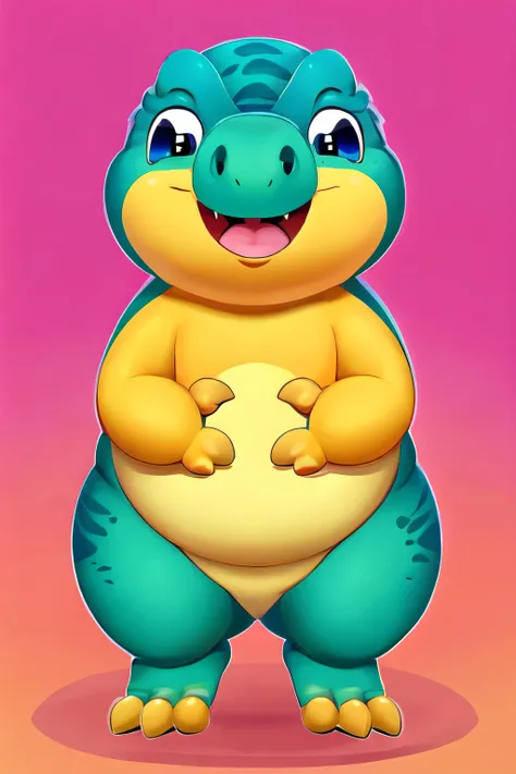 generate a chubby、Image of a little dinosaur with a silly expression。it should have a silly、cute appearance，A pair of innocent eyes and a manner