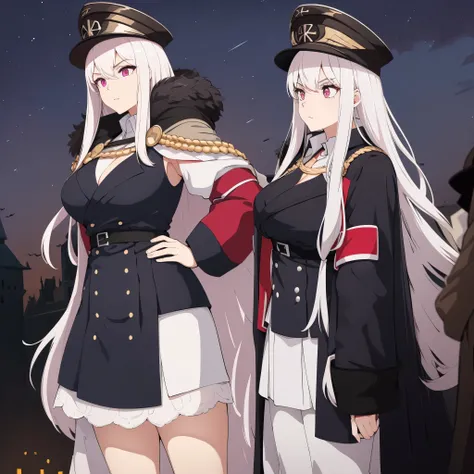 A woman with silver hair with faint purple tint, pink eyes, wearing dark gray and gold military uniform, large breasts, black military hat, outside a German castle at night, ((((((( just a woman))))))
