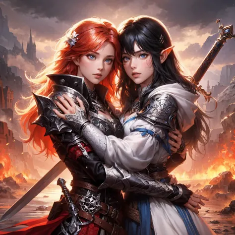 two game style womans 22 years old both girls, hugging to the other,the girl on the right is dressed warrior with the sword she is redhead, her armor costume is black and red color, the girl on the left is dressed as a wizard she has black hair her costume...