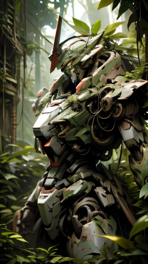 Masterpiece, (damaged Gundam robot:1), fallen, heart of dense jungle, once gleaming metallic surface, now disguised by vines, greenery, ultra high-resolution, RAW photo, every intricate detail, scratches on armor, weathered expressions, full body sight, pl...