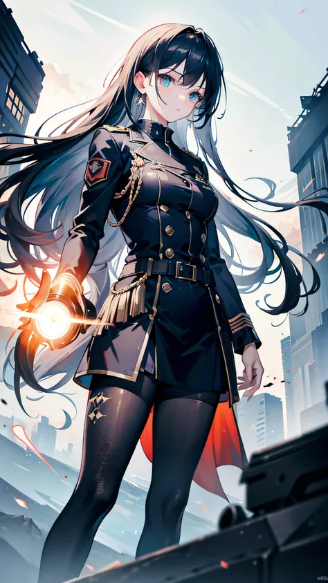 Highres, high quality, Epic atmosphere, stunning 4k artwork featuring a female, eye glowing, long hair ,clothes, female, legwear, modern clothes, military clothes
