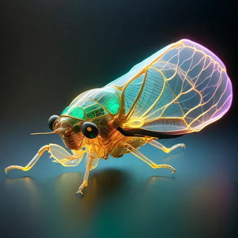 whole body, Pure black background, The combination of biology and machinery, transparent mechanical cicada, The internal structure is complex and precise, glowing neon light,(Luminescent electronic components and mechanical parts)