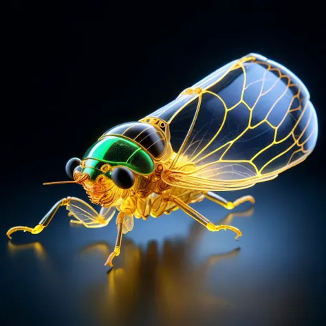 whole body, Pure black background, The combination of biology and machinery, transparent mechanical cicada, The internal structure is complex and precise, glowing neon light,(Luminescent electronic components and mechanical parts)