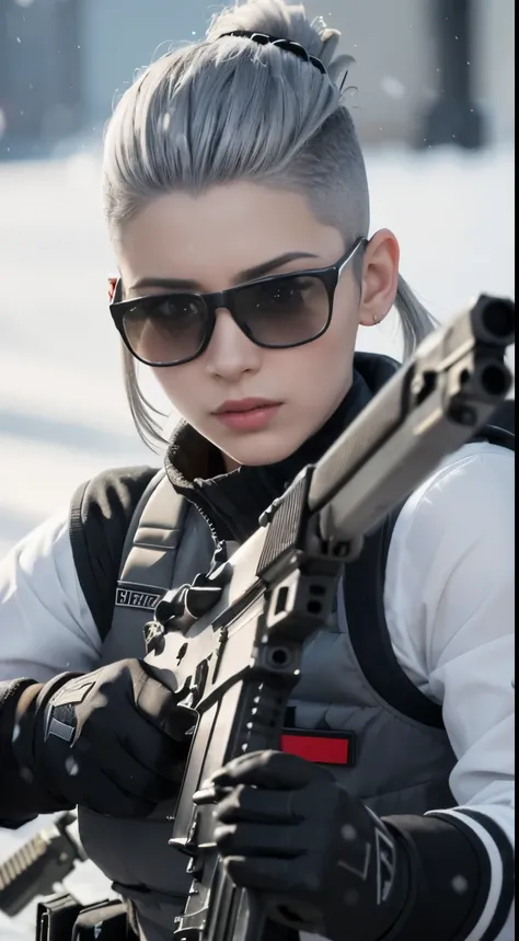 ((highest quality)), (masterpiece), realistic, photorealism, One girl aiming with an ak-47 assault rifle, battle pose, realistic, High resolution,snow background, look at the camera, (detailed face), (gray hair high top fade:1.3), SWAT vest, gun, jewelry，b...